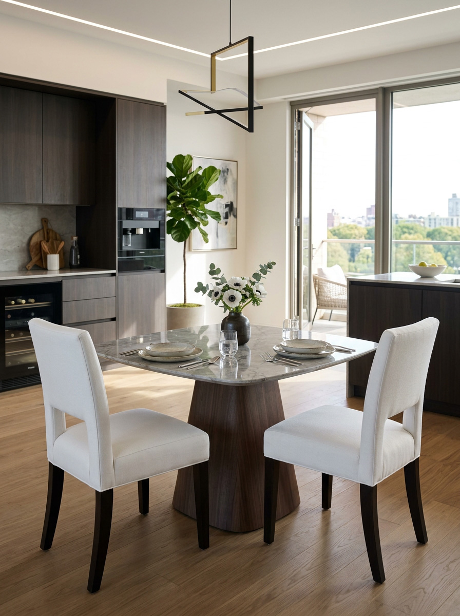  dining chairs in a sunlit corner