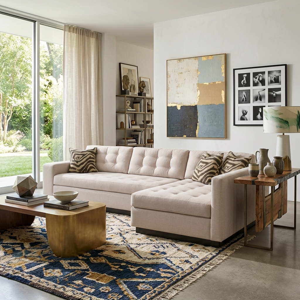 A linen-upholstered sofa in a sunlit room